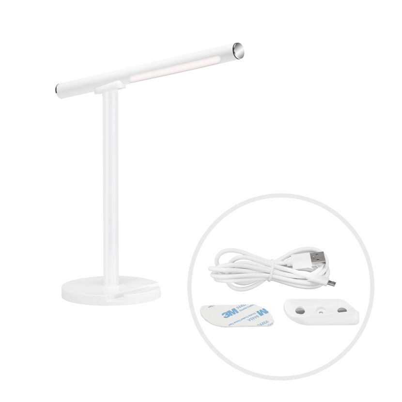 Weiße Tischleuchte mit USB-Kabel und Klebepads