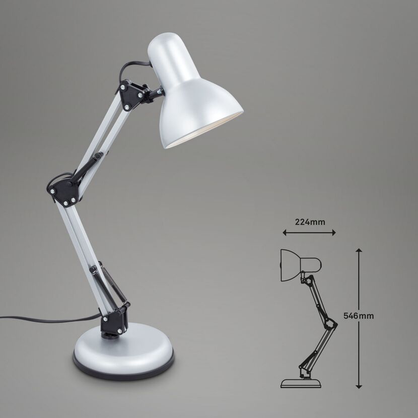 Silberne Schreibtischlampe mit verstellbarem Arm