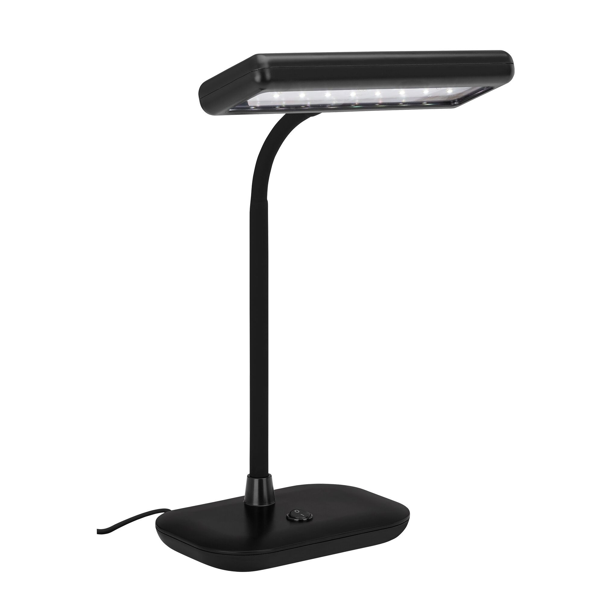 Schwarze LED Tischleuchte mit rundem Fuß und flexiblem Arm