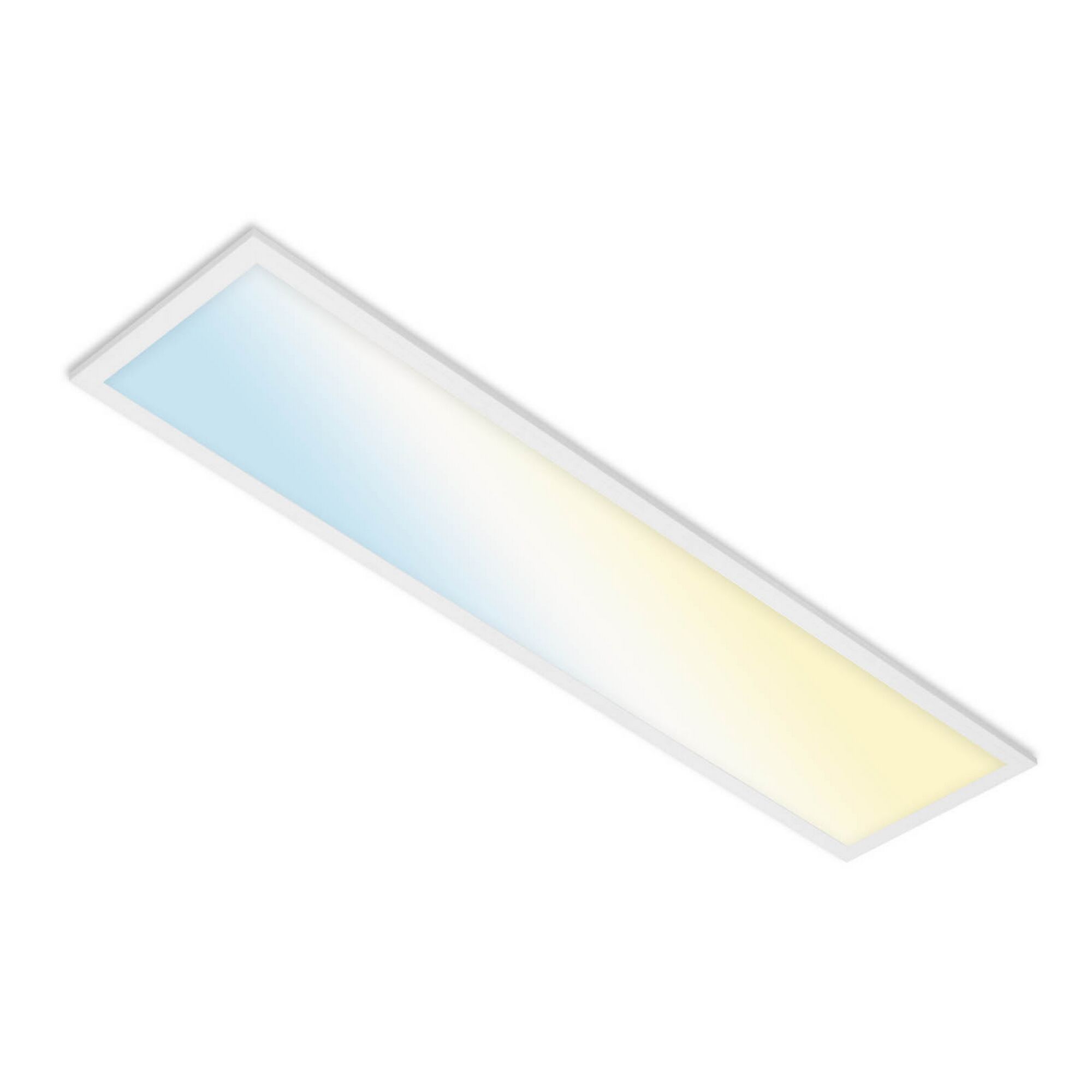 Weiße LED-Panelleuchte mit Farbverlauf von Blau zu Gelb.