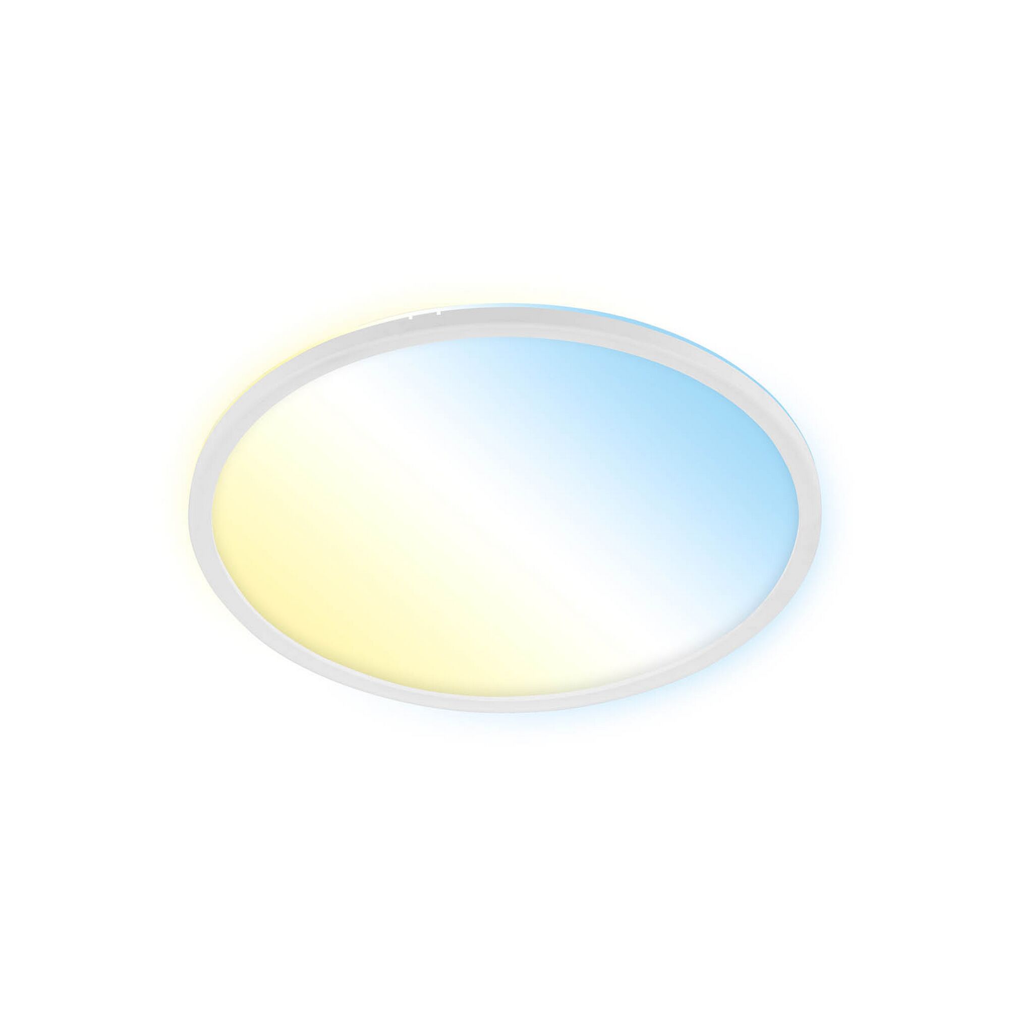 Eine runde LED-Deckenleuchte leuchtet in blau-gelb.