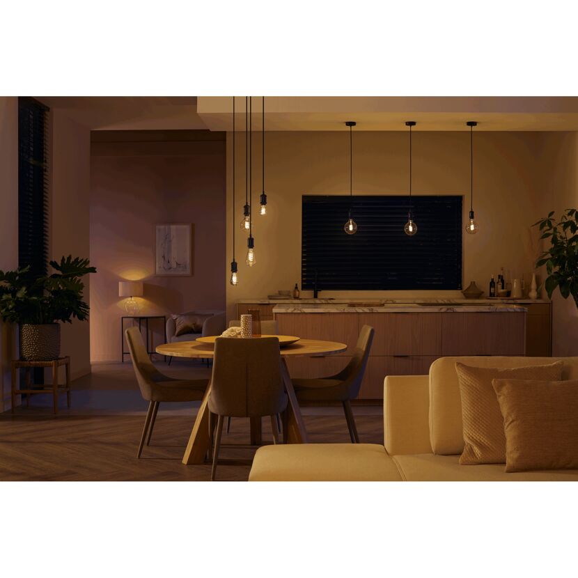 Wohn- und Esszimmer mit warmweiß leuchtenden HUE Filament Lampen