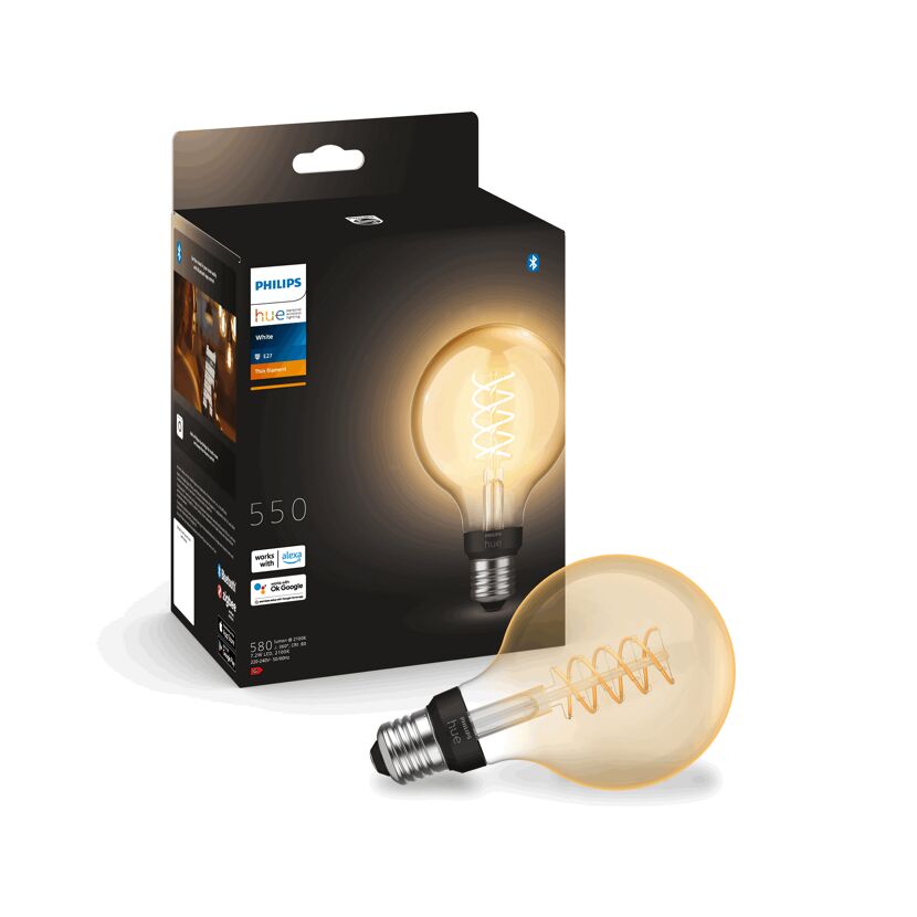 Philips Hue White Filament-LED-Lampe, E27, neben Verpackung