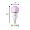 Philips Wiz Smart LED-Tropfenlampe mit Maßen und Farbspektrum.