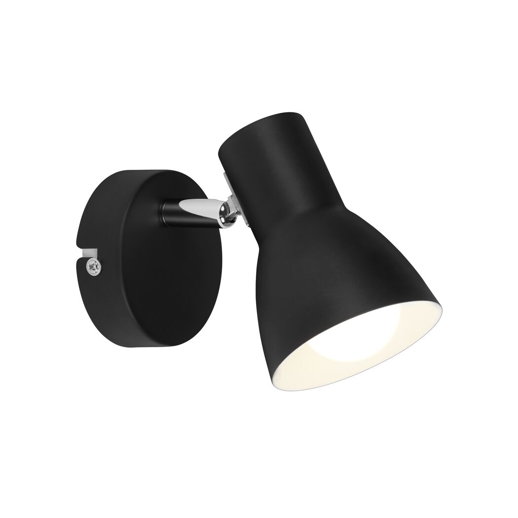 Schwarzer Wandspot mit rundem Leuchtkopf.