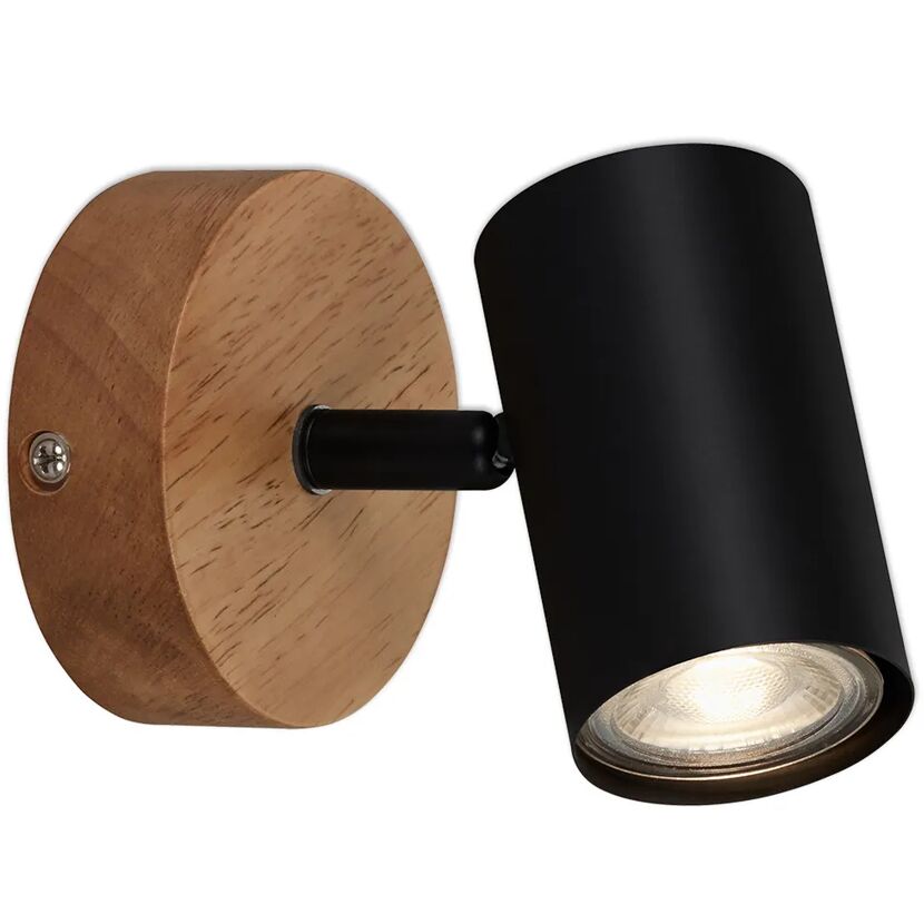 LED-Spot Muritz mit schwarzem Leuchtenkopf und Holzsockel
