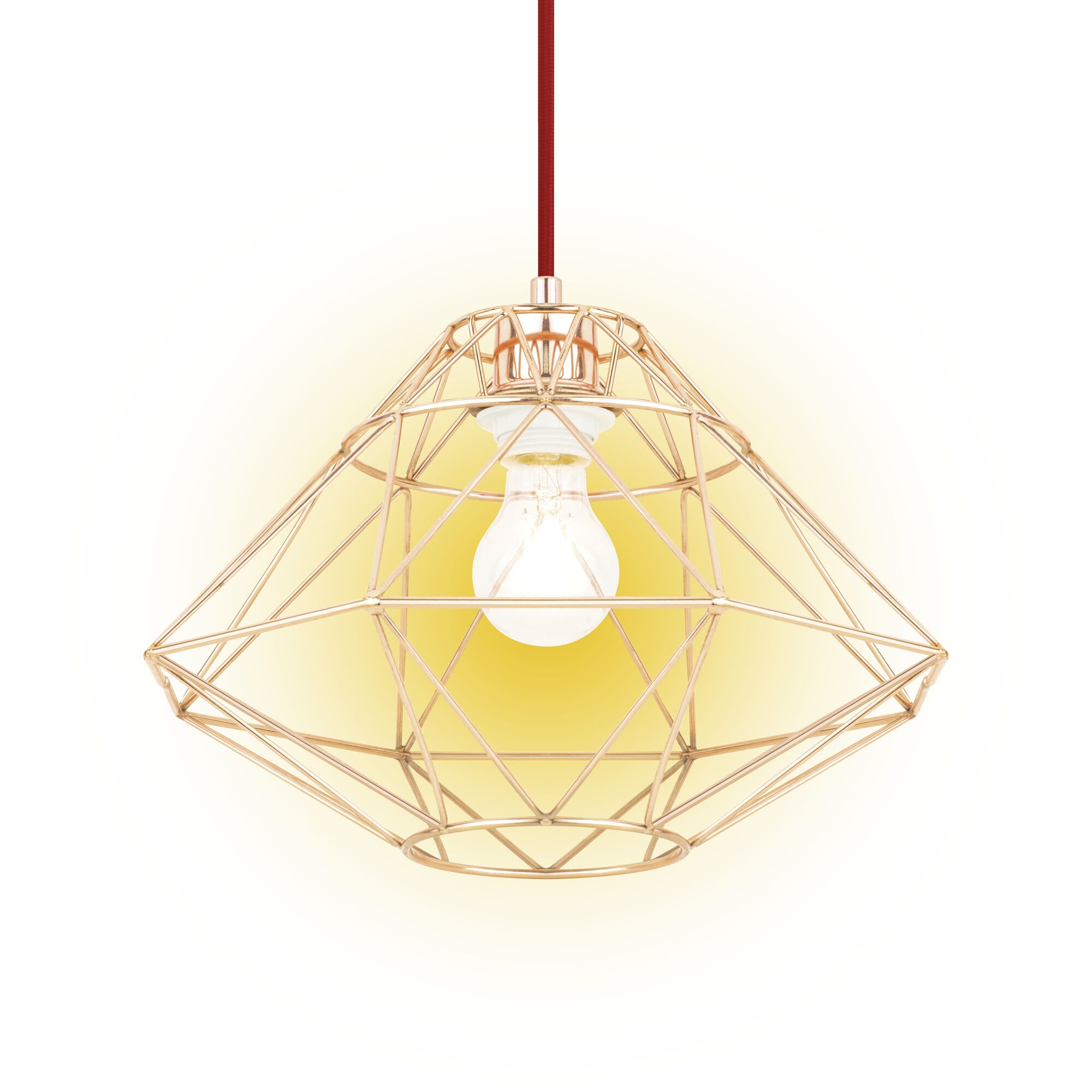 Kupferfarbene Hängeleuchte mit geometrischem Drahtkäfig.