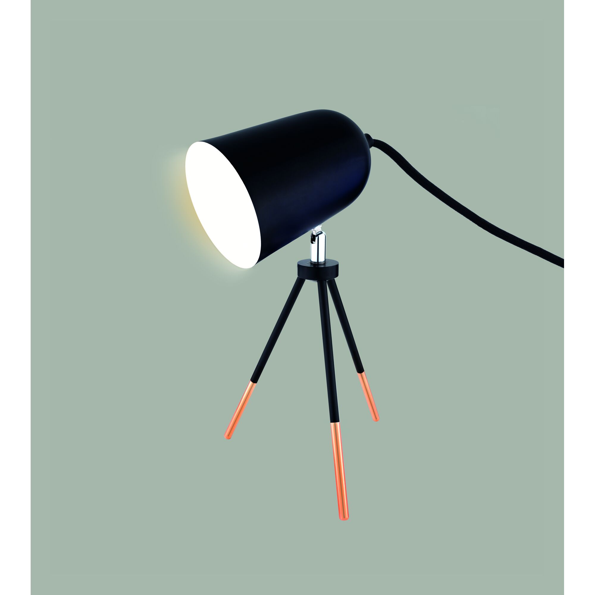 Schwarze Tischleuchte Glowy mit kupferfarbenen Füßen