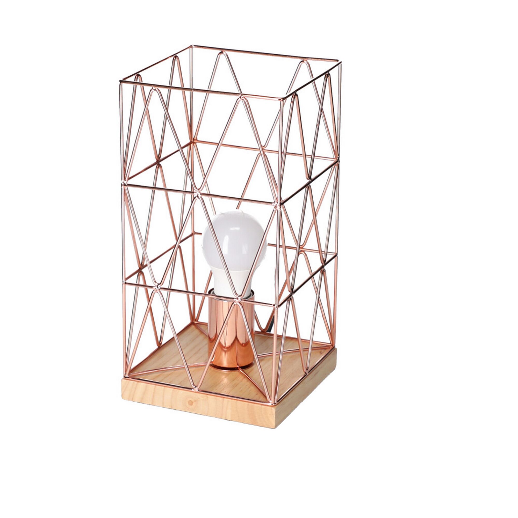 Kupferfarbene Tischleuchte mit Holzsockel