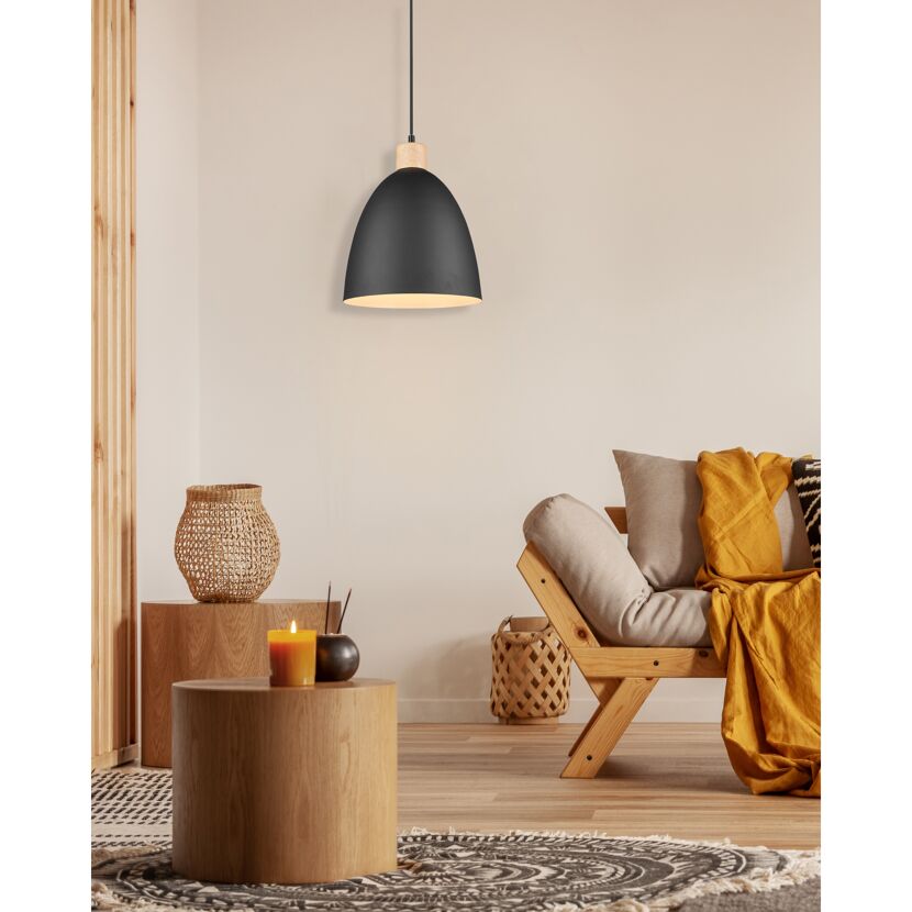 Schwarze Hängelampe mit Holzdetail in Wohnzimmer