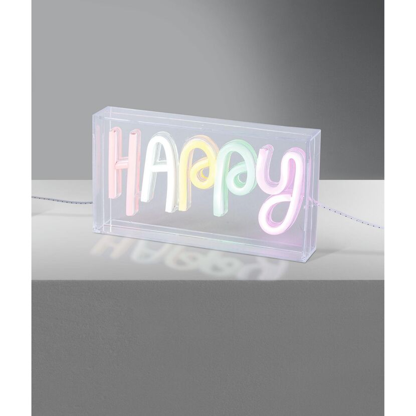 Leuchtkasten mit dem Schriftzug Happy in bunten Neonfarben