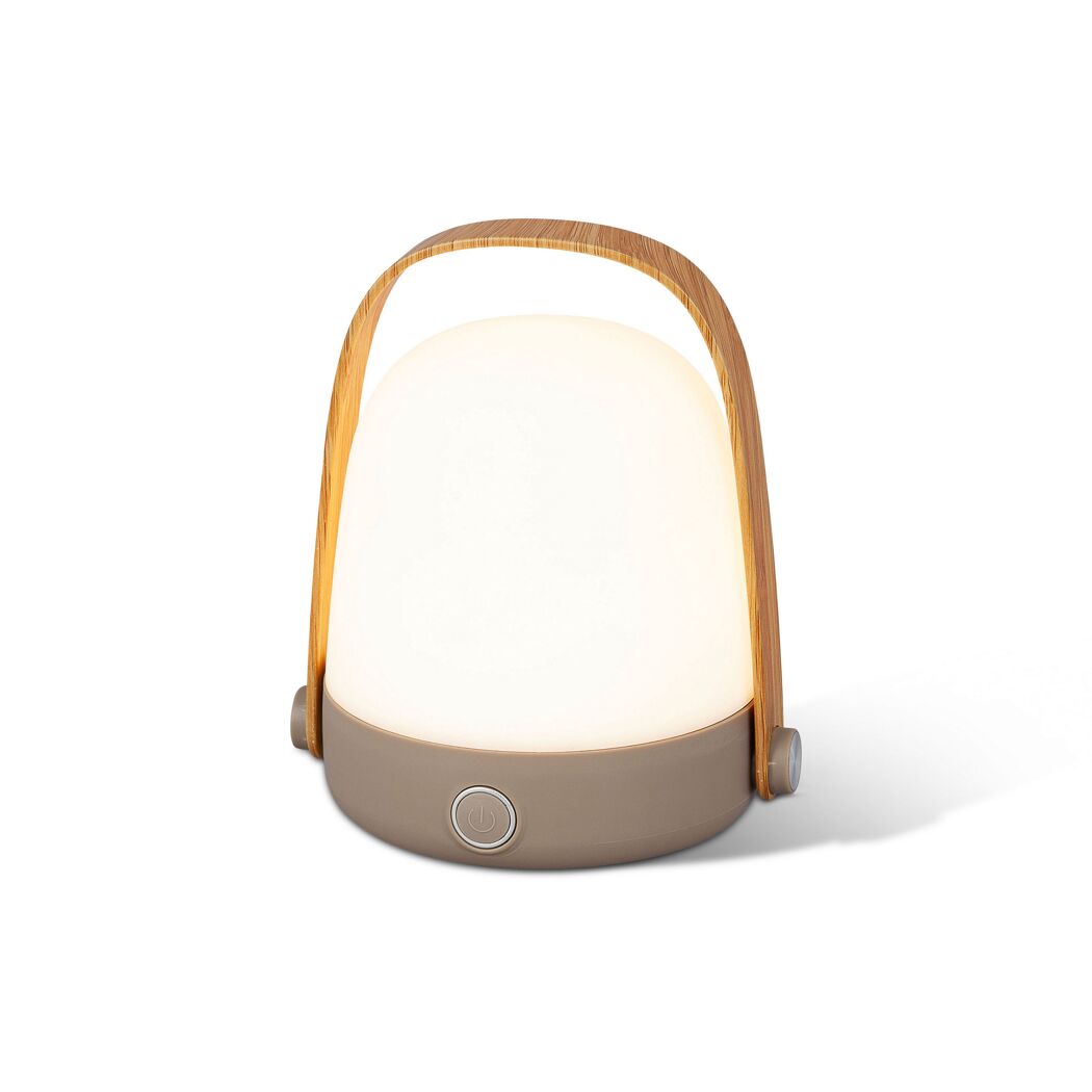 Eine tragbare LED-Tischleuchte mit Holzgriff.