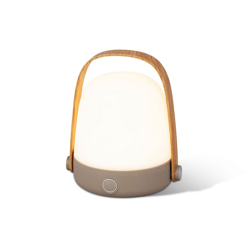 Eine tragbare LED-Tischleuchte mit Holzgriff.