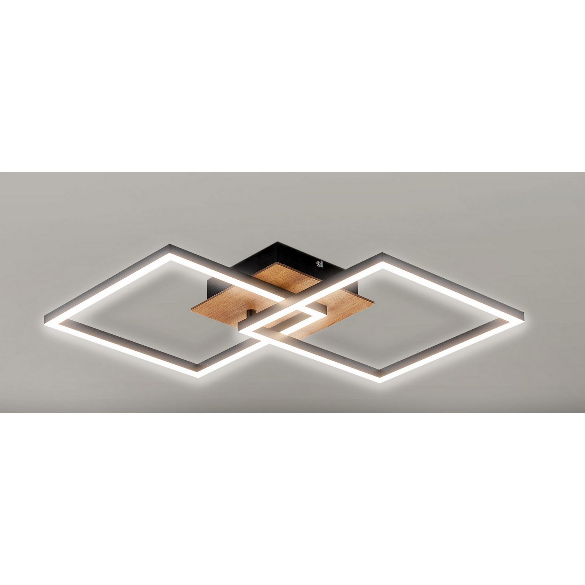 Moderne Deckenleuchte mit zwei eckigen Leuchten aus Acryl und Holz