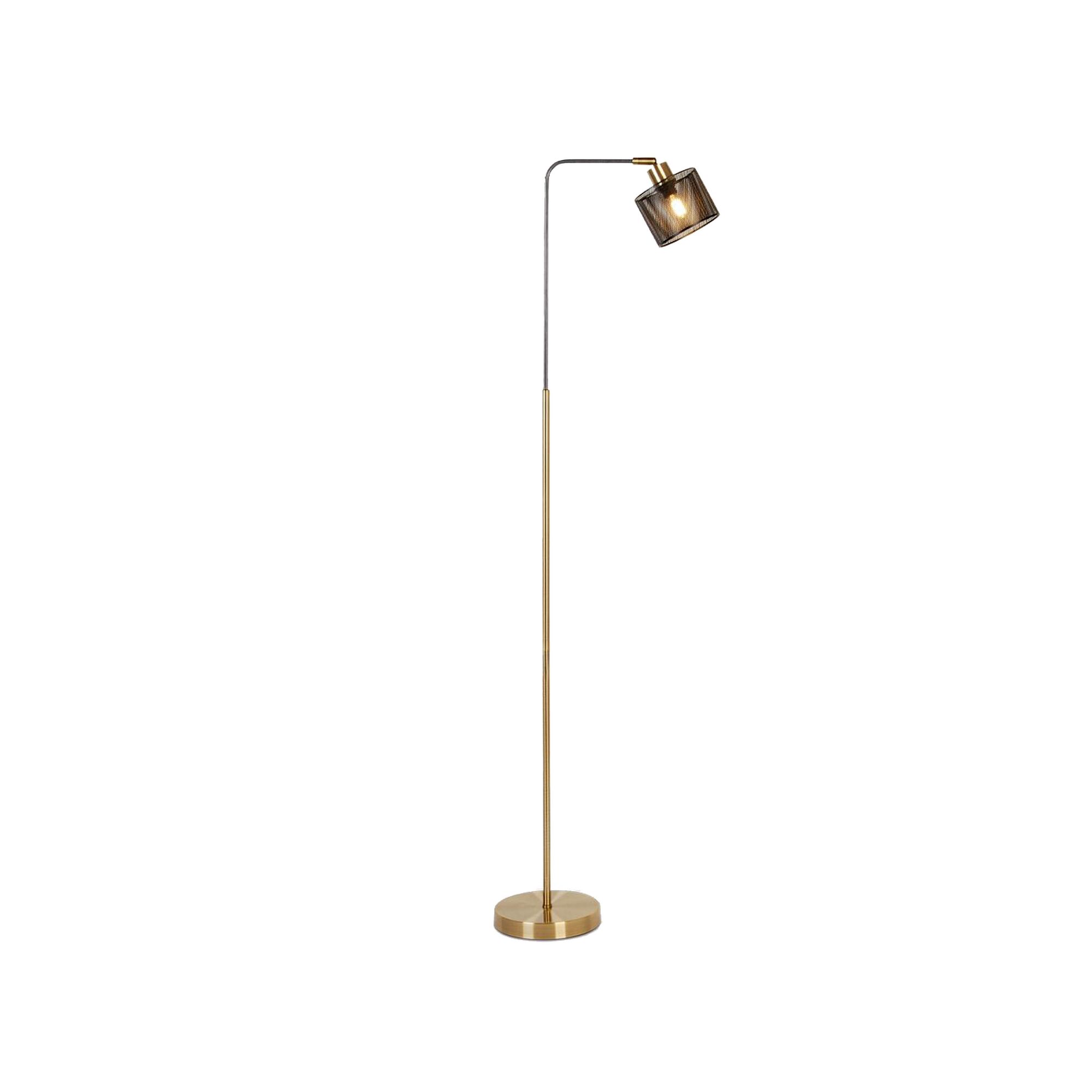Goldene Stehleuchte mit schwarzem Lampenschirm