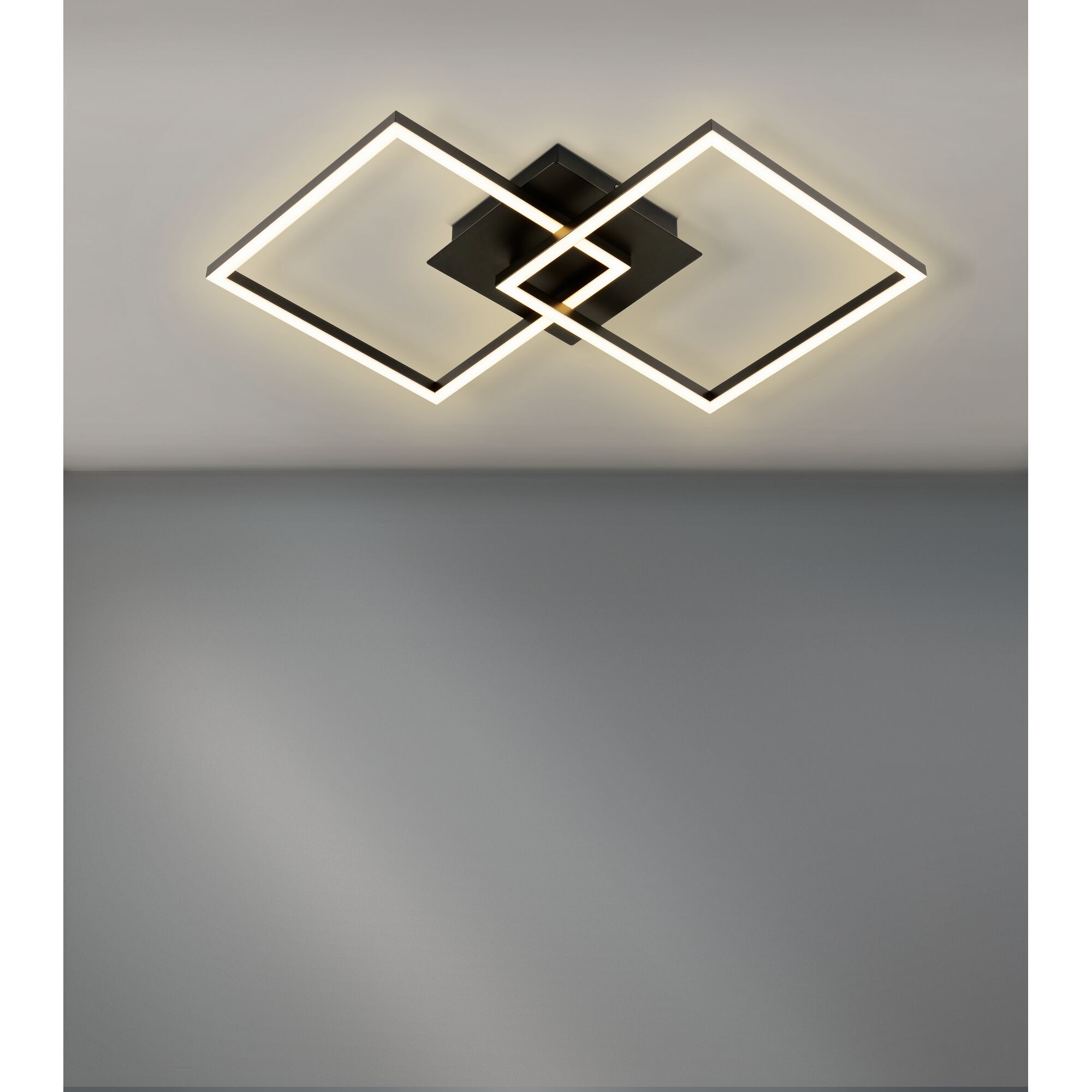 Moderne, schwarze LED-Deckenleuchte mit zwei ineinandergreifenden Quadraten.