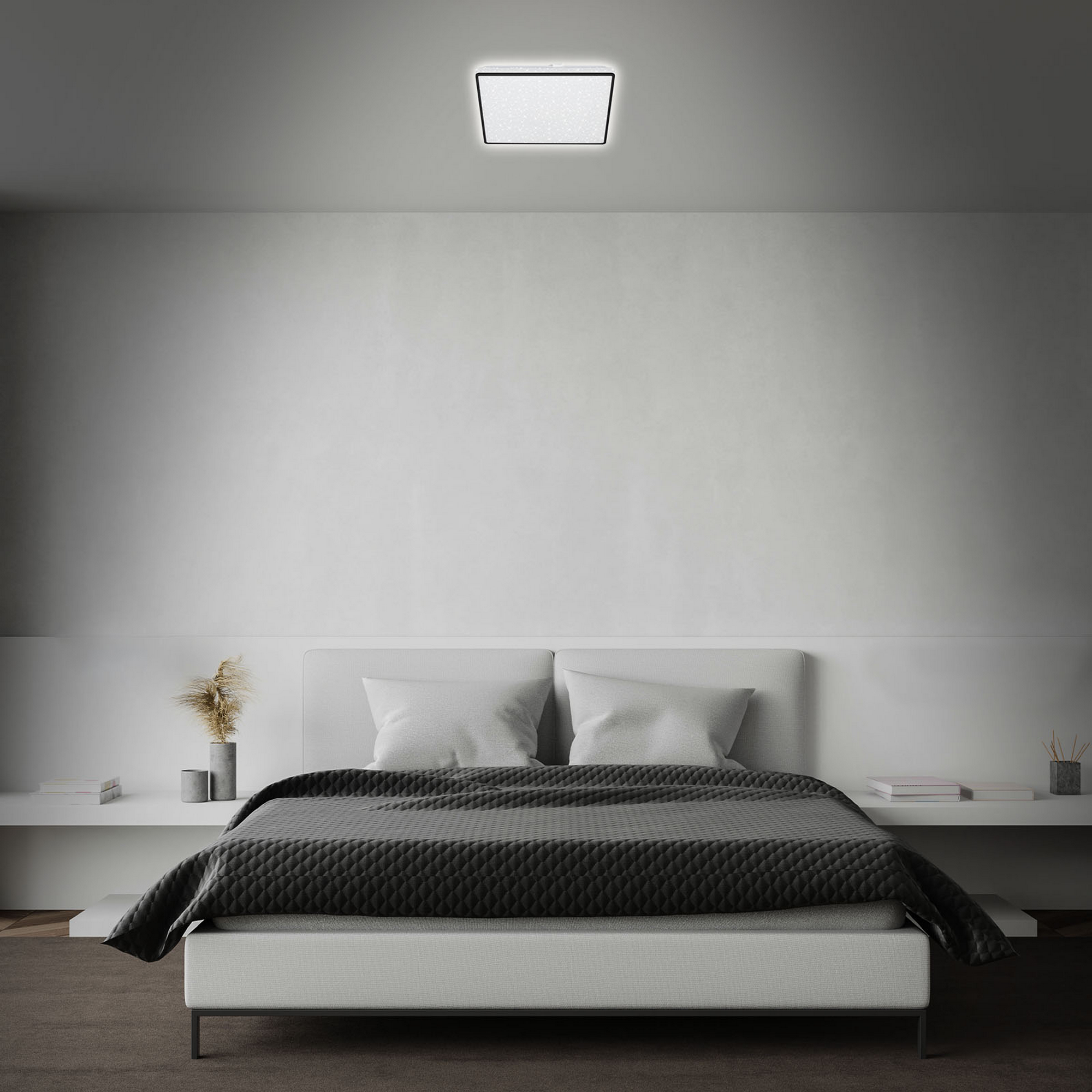 Quadratische LED-Deckenleuchte über Bett