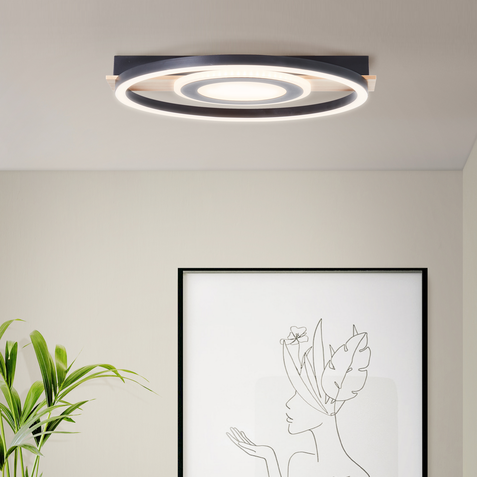 LED-Deckenleuchte 'Maureen' holzfarben/schwarz Ø 37 cm