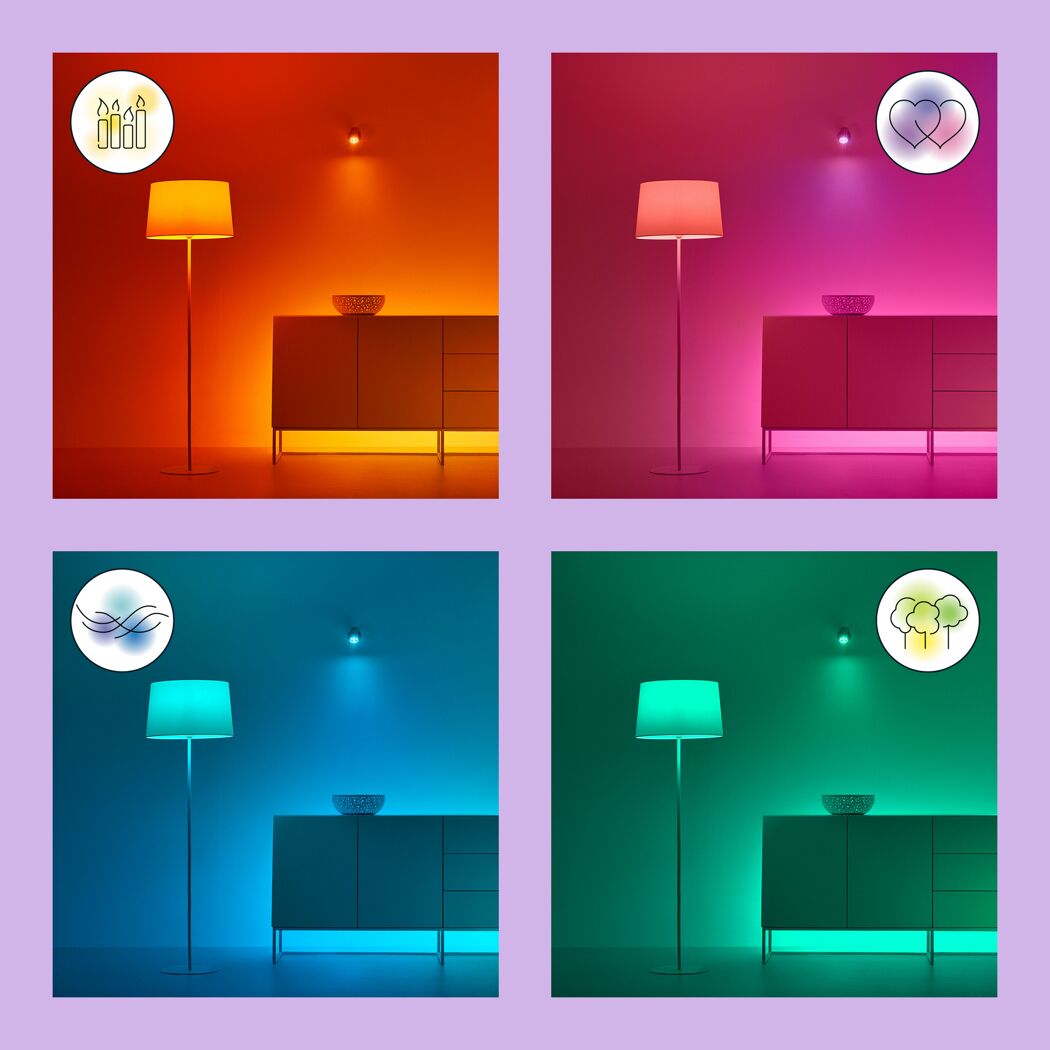 Vier Stimmungsbilder mit farbiger LED-Beleuchtung