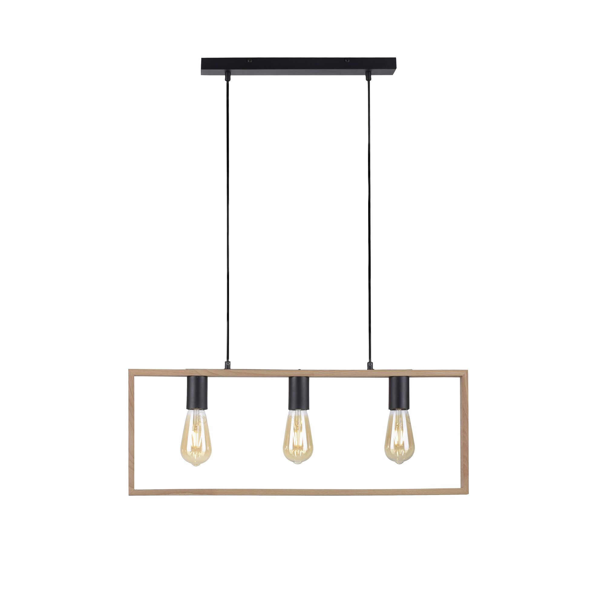 Hängelampe mit drei Glühbirnen und Holzrahmen