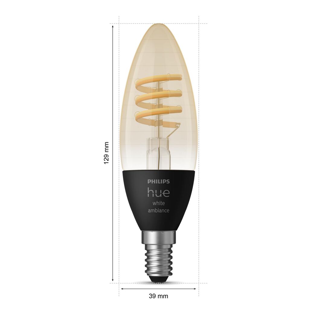 Philips Hue E14 LED-Kerzenlampe gold mit Maßen