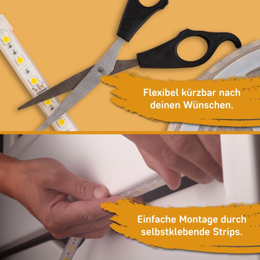 LED-Strip wird mit einer Schere gekürzt und angebracht.