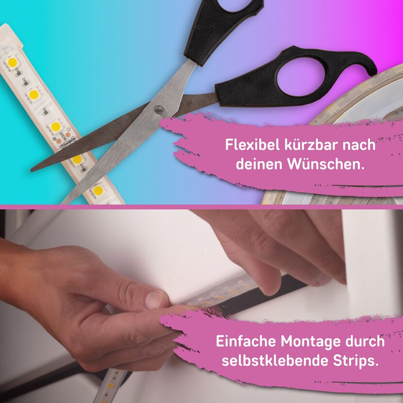 LED-Strip wird mit einer Schere gekürzt und an ein Möbelstück geklebt.