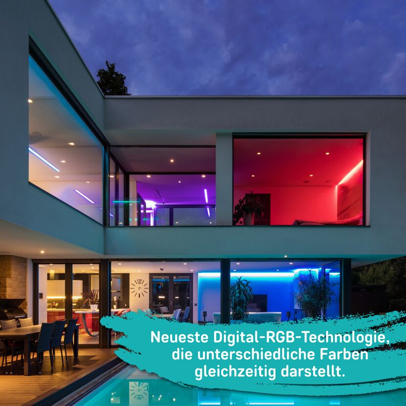 Haus mit bunten LED-Streifen