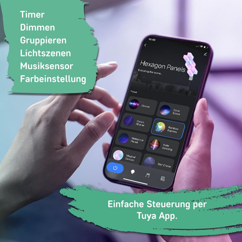Person steuert LED-Panel über Smartphone App.