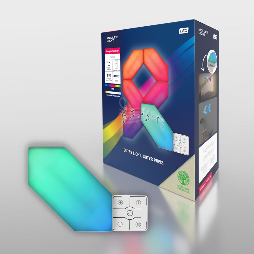 Müller Licht Magic Panel Hexagon RGBWIC, Verpackung und Panel