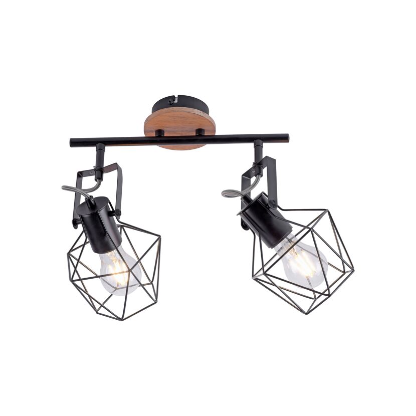 Zwei schwarze Strahler mit geometrischen Metallkäfigen und Glühbirnen an einer schwarzen Stange mit runder Holzhalterung.