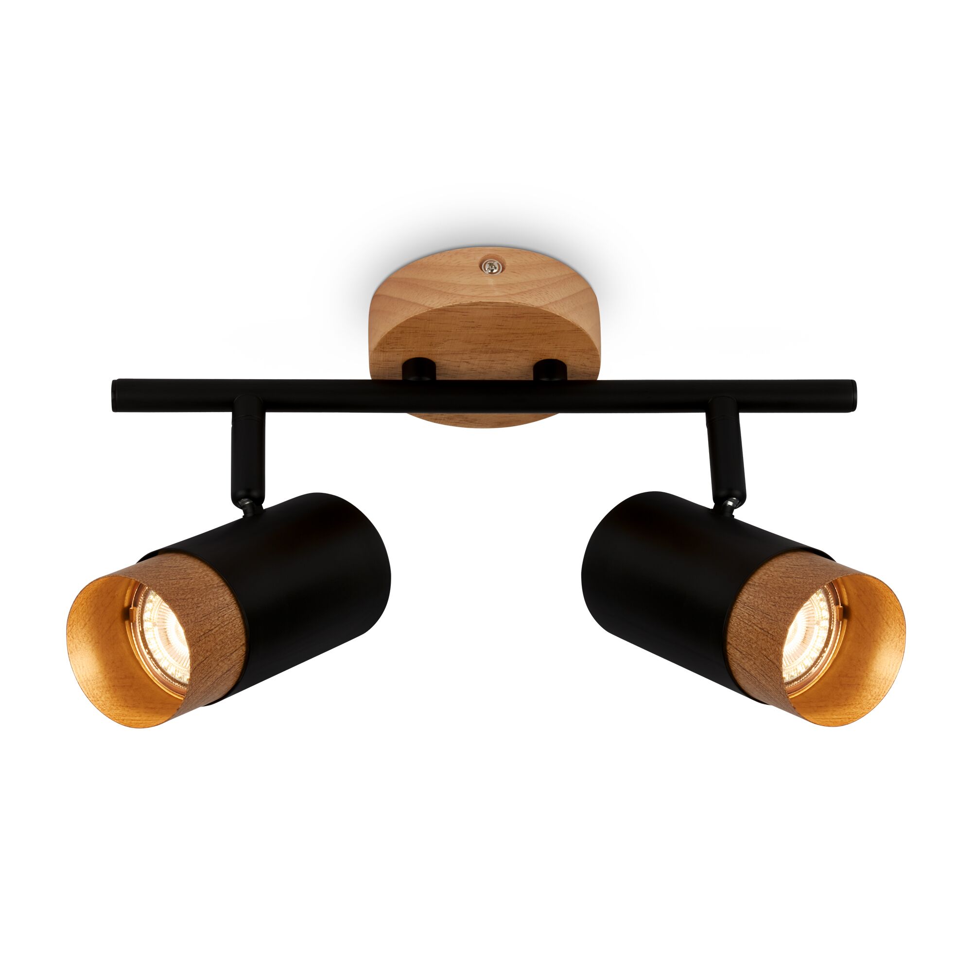 Schwarzer Deckenstrahler mit zwei Holzapplikationen