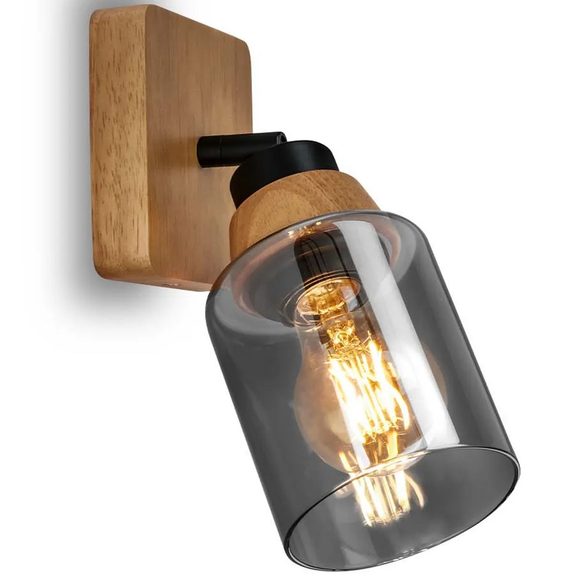 Wand-LED-Spot mit Holzelement und Rauchglas