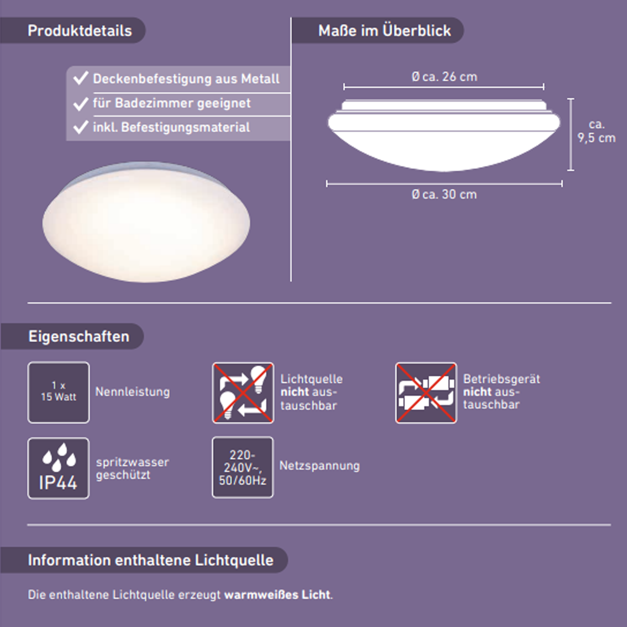 Deckenleuchte Ø 30 cm Schutzart IP44 für Feuchträume + product picture