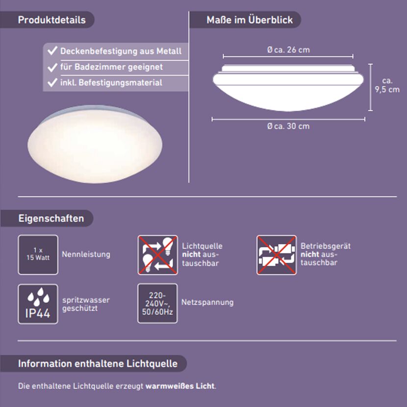 Deckenleuchte, weiß, rund, IP44