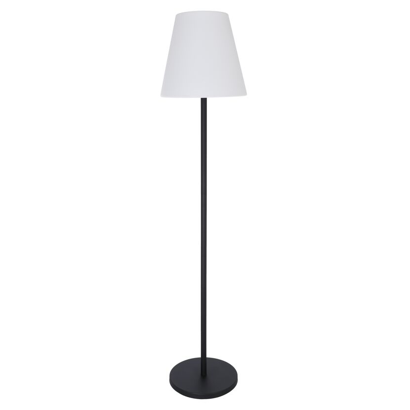 Schwarze Stehleuchte mit weißem Lampenschirm