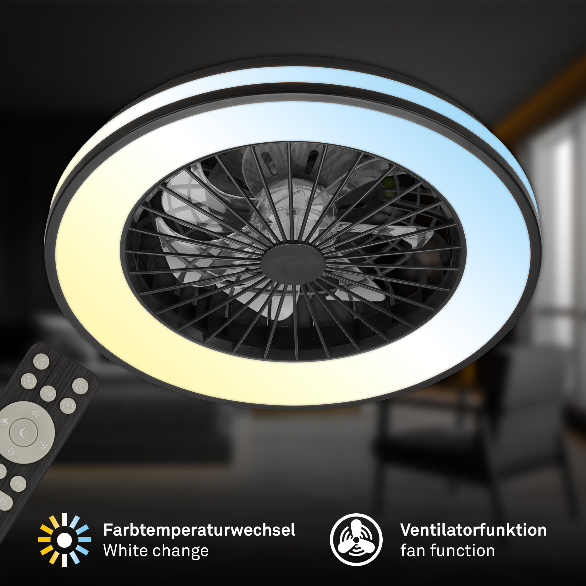 LED-Deckenleuchte mit Ventilator CCT schwarz Ø 48,5 cm