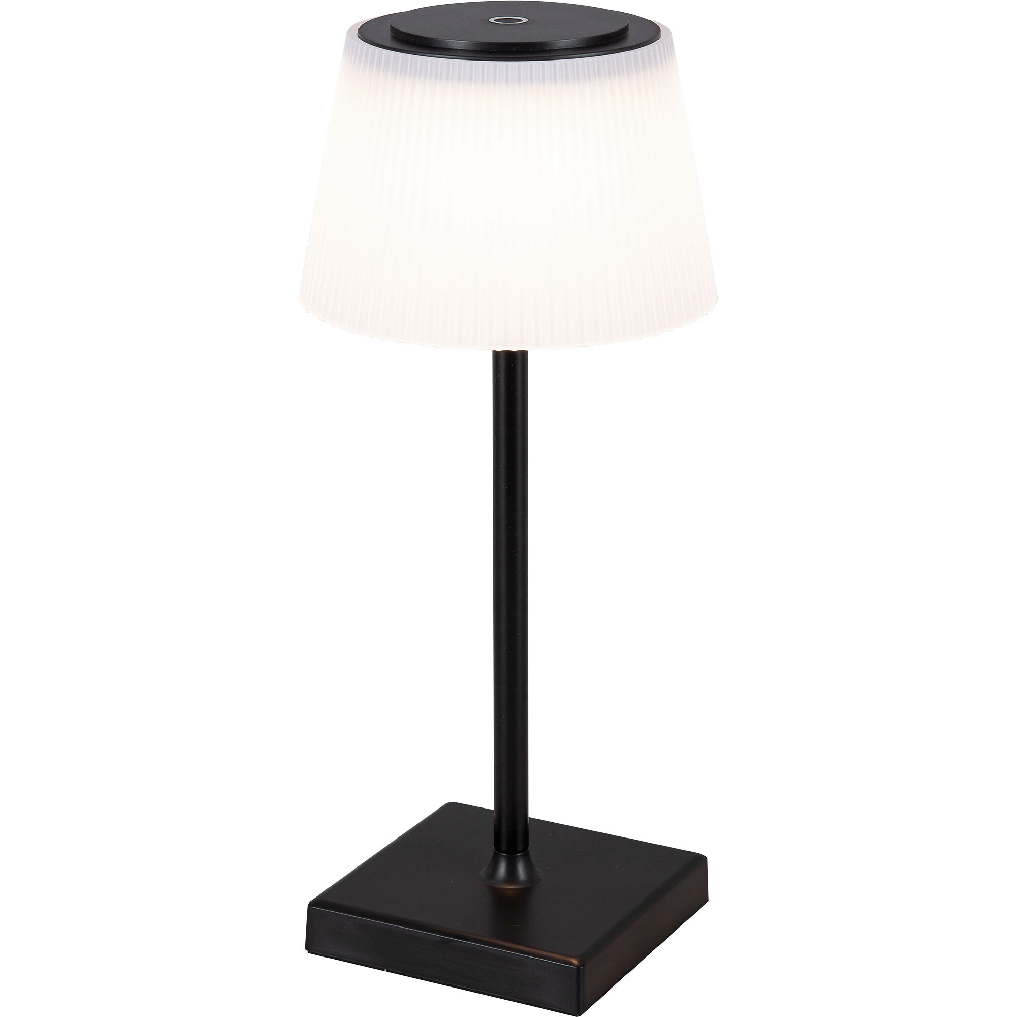 Schwarze Tischleuchte mit weißem Lampenschirm