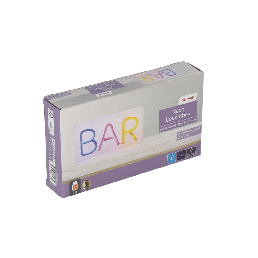 Neon-Leuchtbox "BAR" in pink, gelb, blau