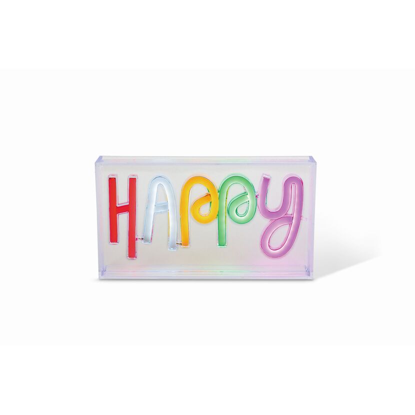Leuchtkasten mit "Happy" in bunten Buchstaben