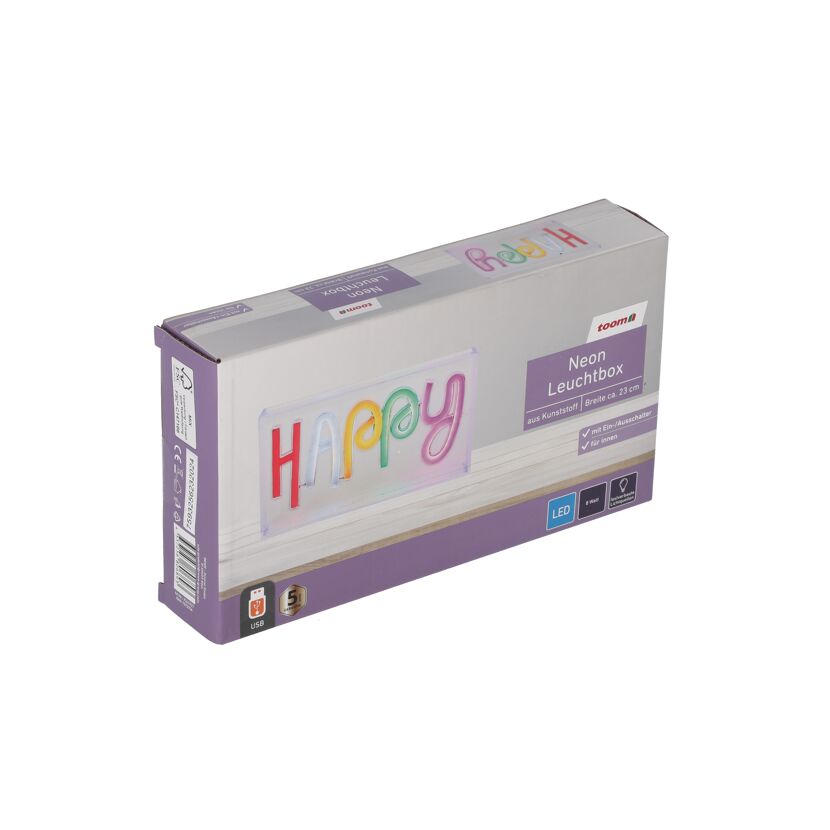 Neon-Leuchtkasten "Happy" in Produktverpackung