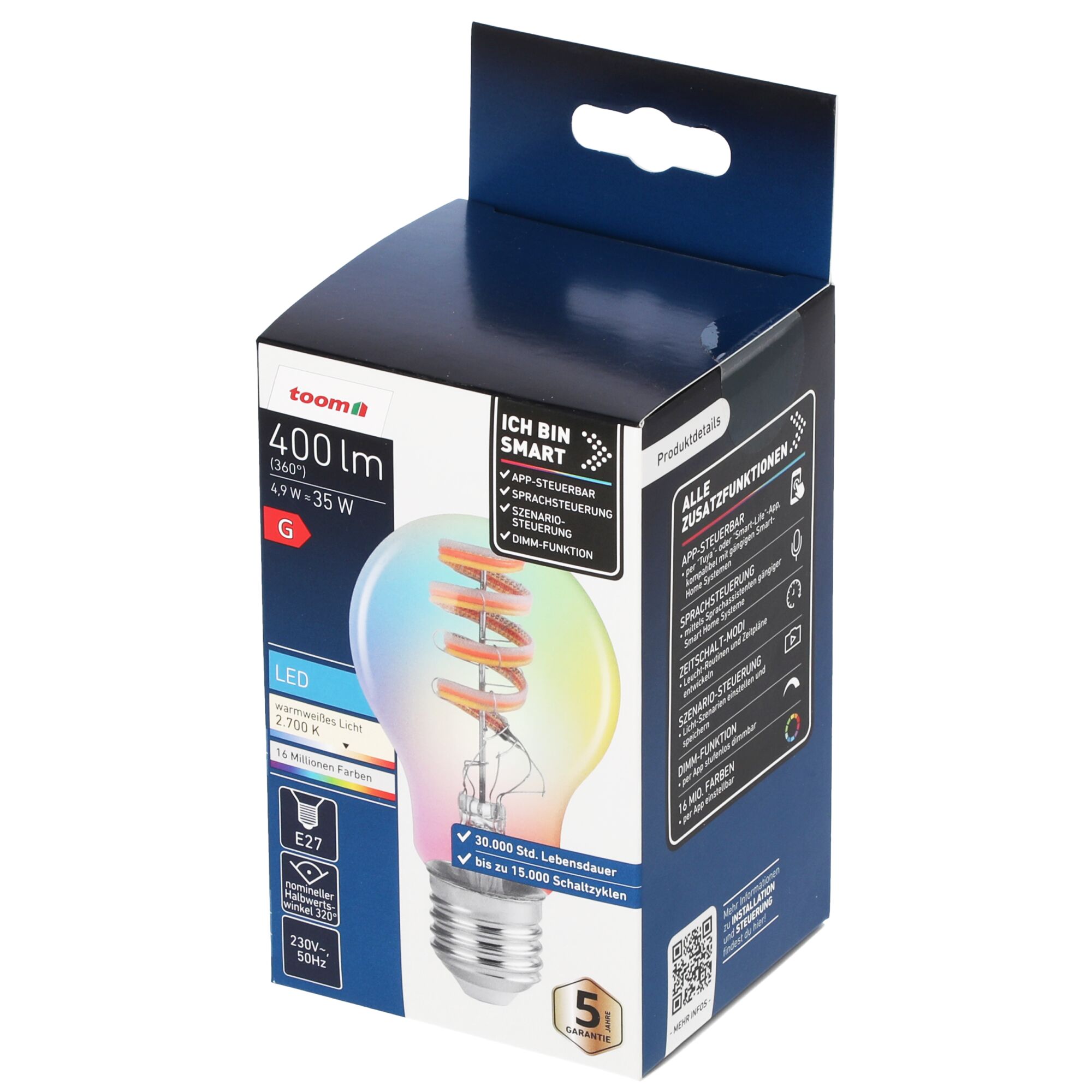 Verpackung für dimmbares LED-Leuchtmittel mit Farbwechsel.