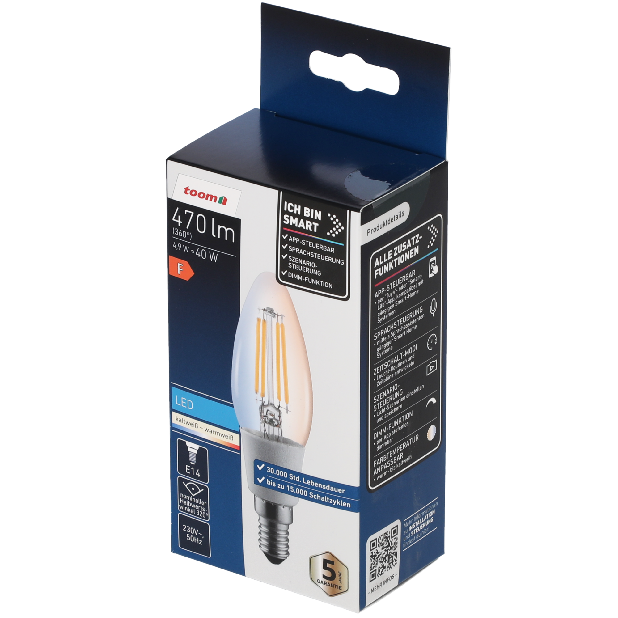 Smarte LED-Filament-Kerzenlampe E14 4,9 W 470 lm