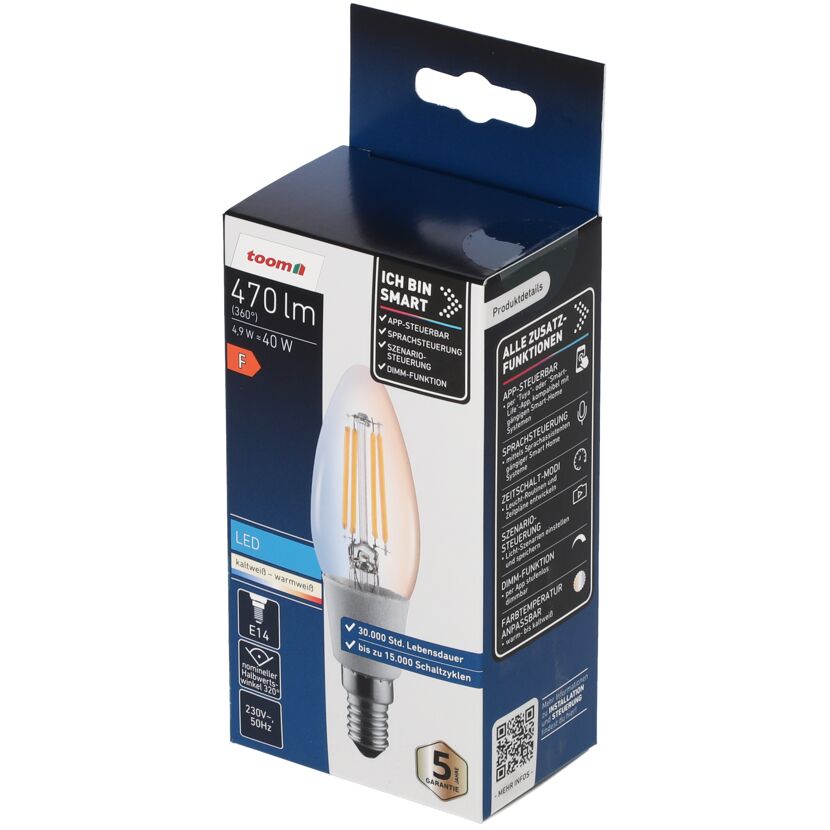 Smarte LED-Filament-Kerzenlampe E14 4,9 W 470 lm