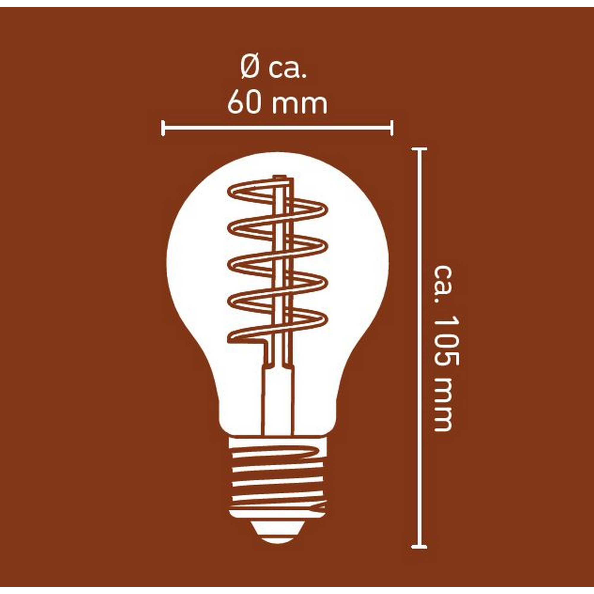 Glühbirne mit Filament-LED und Maßen