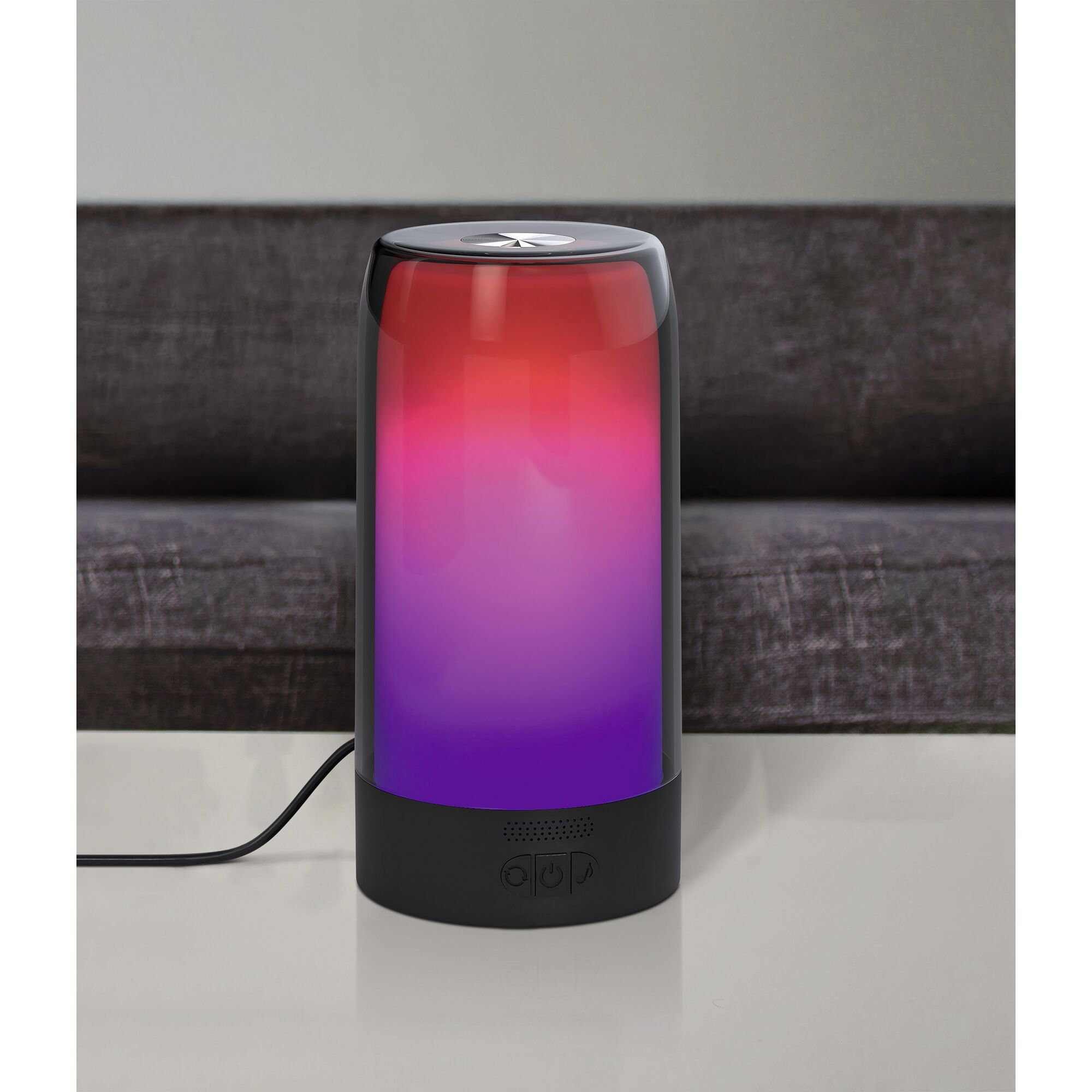 Leuchtende Tischleuchte in rot und lila