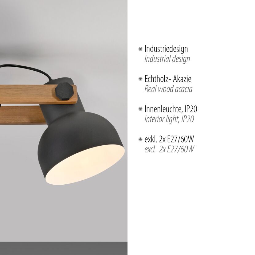 Deckenleuchte 'CUP 2.0' schwarz/holzfarben 61,6 x 26 cm 2-flammig