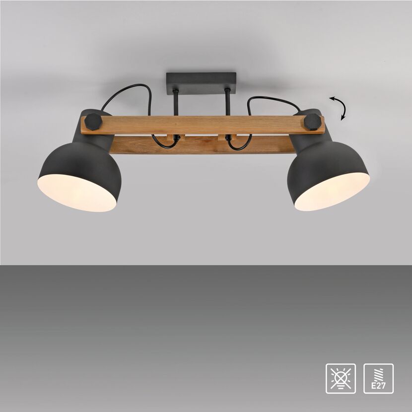 Deckenleuchte 'CUP 2.0' schwarz/holzfarben 61,6 x 26 cm 2-flammig