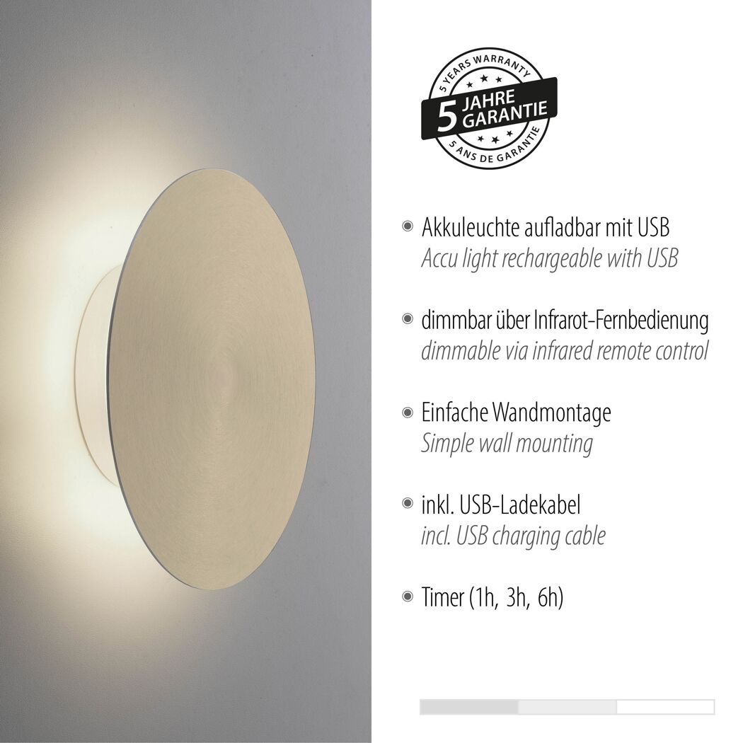 LED-Wandleuchte 'Akku Puntua' dimmbar 100 lm warmweiß Ø 18 x 4,5 cm