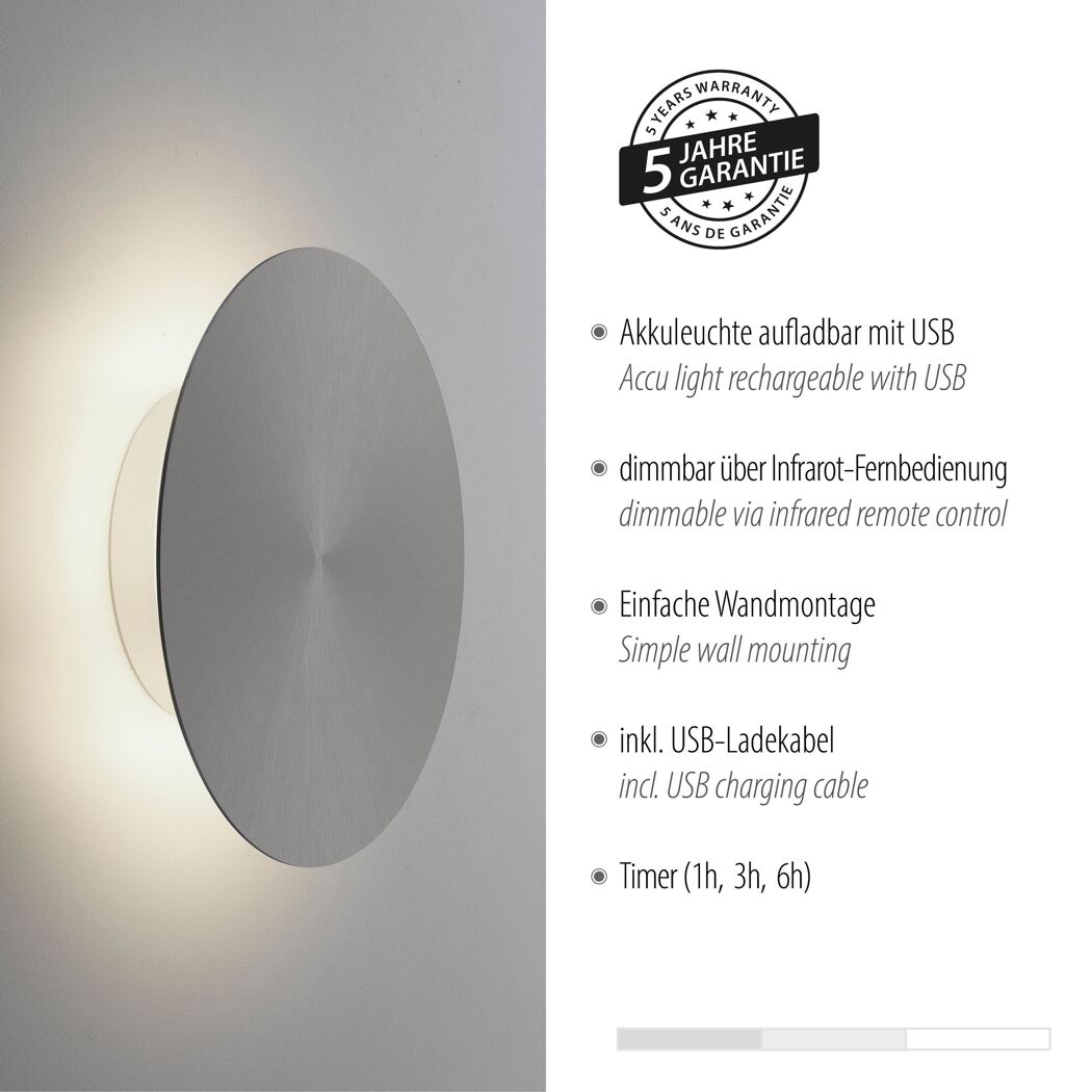 LED-Wandleuchte 'Akku Puntua' dimmbar 100 lm warmweiß Ø 18 x 4,5 cm